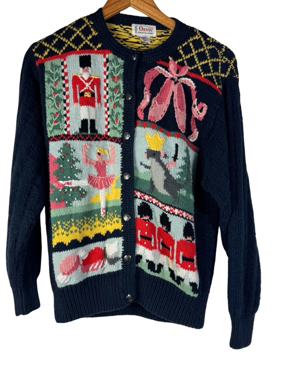 Orvis Nutcracker Ballet Cardigan Sweater L Cotton Knit Christmas Holiday Vintage